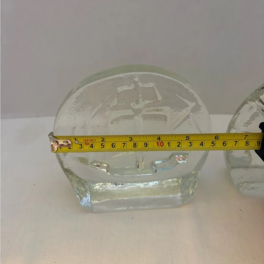 Vintage Blenko Clear Glass Sailboat Bookends 6”x6”.